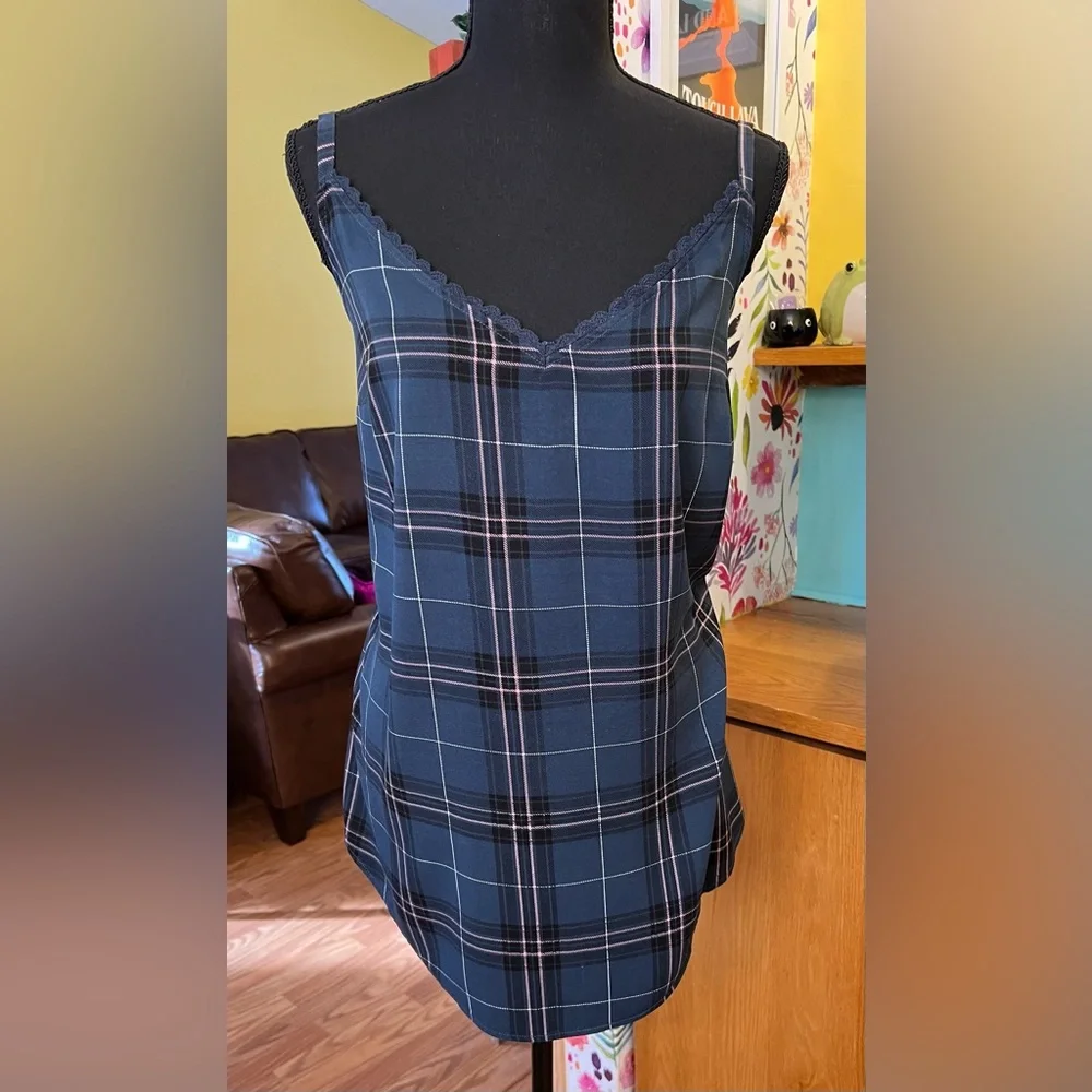 Torrid Ava - Navy Plaid Challis Lace Trim Cami - Picture 3 of 10